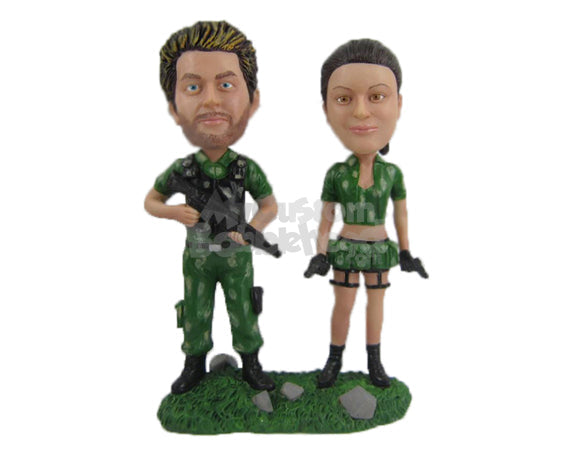 Custom Bobblehead Jungle Army Couple In Their Uniform With Guns In Hand - Wedding & Couples Couple Personalized Bobblehead & Cake Topper Custom Bobblehead Jungle Army Couple In Their Uniform With Guns In Hand - Wedding & Couples Couple Personalized Bobblehead & Cake Topper
